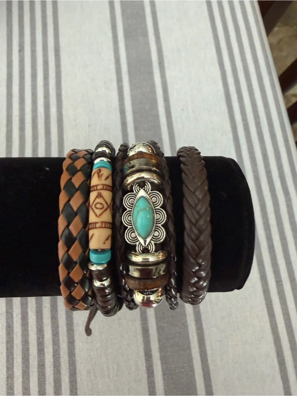 Brown and Turquoise Men's Braided Leather Bracelet Set